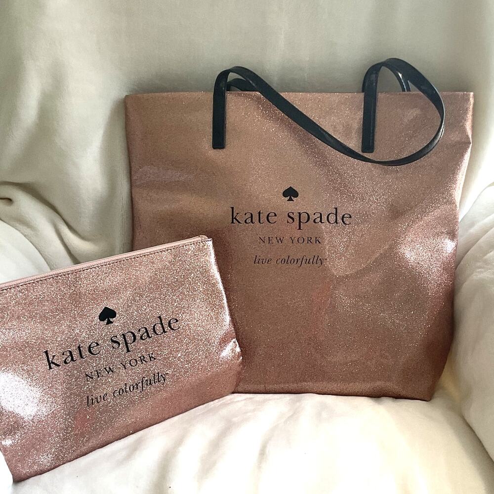 Kate Spade New York Sparkle Rose Gold Womens Tote And Pouch Set